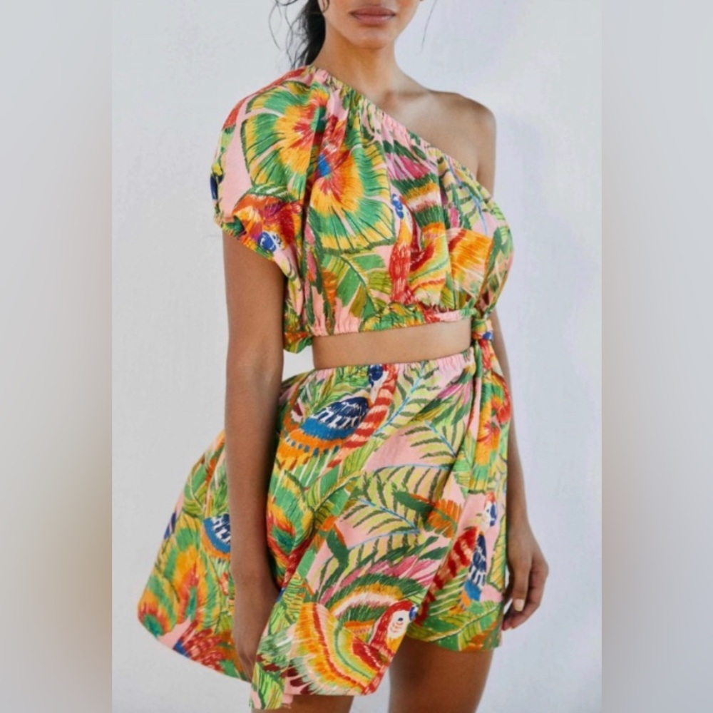 Farm Rio Macaw Leaves Linen-Blend Cutout Mini One-Shoulder Dress, sz XS